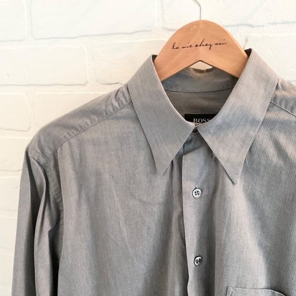 Hugo Boss Men Button down Shirt Designer Luxury Gray Pinstripes L 15.5 - Picture 11 of 13